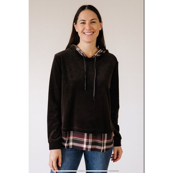 SANCTUARY VELOUR HOODIE SWEATSHIRT PLAID DETAILING PULLOVER PREPPY SCHOOL NWT M - Picture 1 of 11